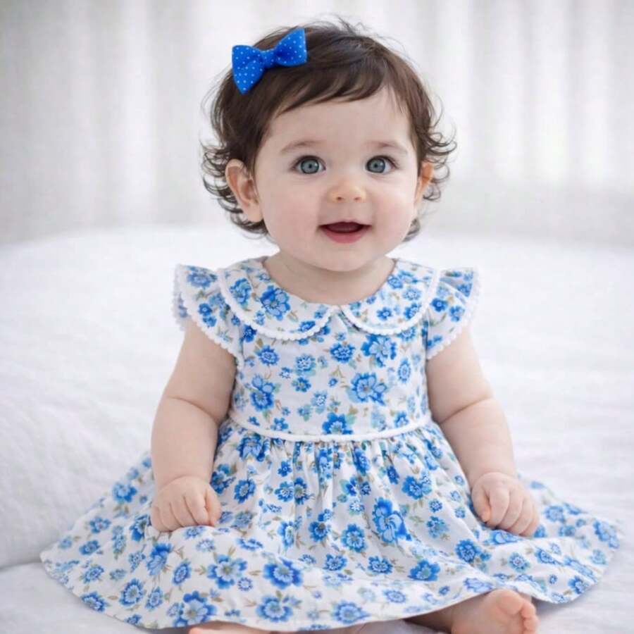 Girl's Dress With Delicate Floral Print, Classic Peter Pan Collar, Ruffles, Short Sleeves, Elegant Pom-Poms, Full Skirt, Comfortable Soft Cotton, Premium Fabric, Party, Birthday, Christening, Special Events, Charming Look, Children's Fashion, Princess Style, Casual Chic, Spring/Summer, Girls' Clothes, Comfort, Sweet, Blogger Look, Photography, Outing, Perfect Gift, Charming, Stylish, Floral Print - 藍色 - 查看 1