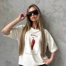 Camiseta de manga corta 100% algodón, sencilla y única, con un estampado de chiles dulces y geniales, corte holgado, cómoda y versátil, top elegante. - Blanco - Ver 3