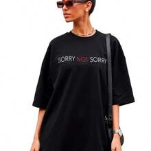 Camiseta de manga corta de algodón puro, holgada, con estampado de letras, estilo retro americano, versátil y elegante, estilo europeo y americano, sin pantalones, para mujer. - Negro - Ver 6