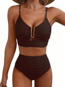 Conjunto de bikini de traje de baño de mujer con volantes, textura sólida y recortes huecos, separados, para vacaciones de playa en verano 2025 - Café integral - Ver 3