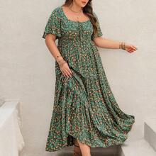 Bohemian Green Floral Print Tie-Front Flowy Hem Casual Plus Size Dress, Suitable For Easter Beach Outfit, Hawaiian Music Festival And Tropical Vacation Summer Elegant - Blanco - Ver 5