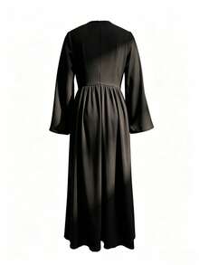 Women's Solid Color Long Arabic Style Dress Black - Black - View 3