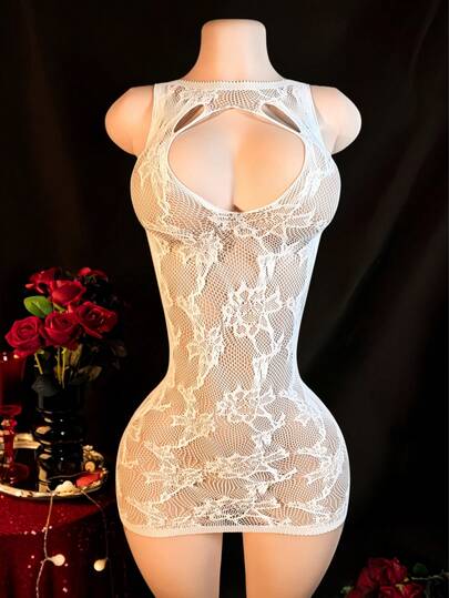 Sexy Lingerie, Women's Black Open Front Bodysuits With Fishnet Details - Sensual Neckline, Floral Print Hollow-Out Backless Design, Suitable For Gifts And Romantic Gatherings