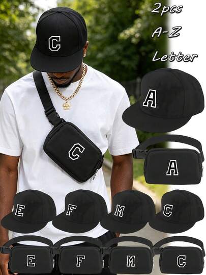 2pcs Unisex Customized A-Z Letter Hip-Hop Hat & Crossbody Bag Set, Adjustable Flat Brim Hat,Unisex Streetwear Baseball Cap,Lightweight Shoulder Bag For Phone And Coins, Casual Street Style Matching Set For Daily Outdoor Sports Travel Vacation Party Music Festival