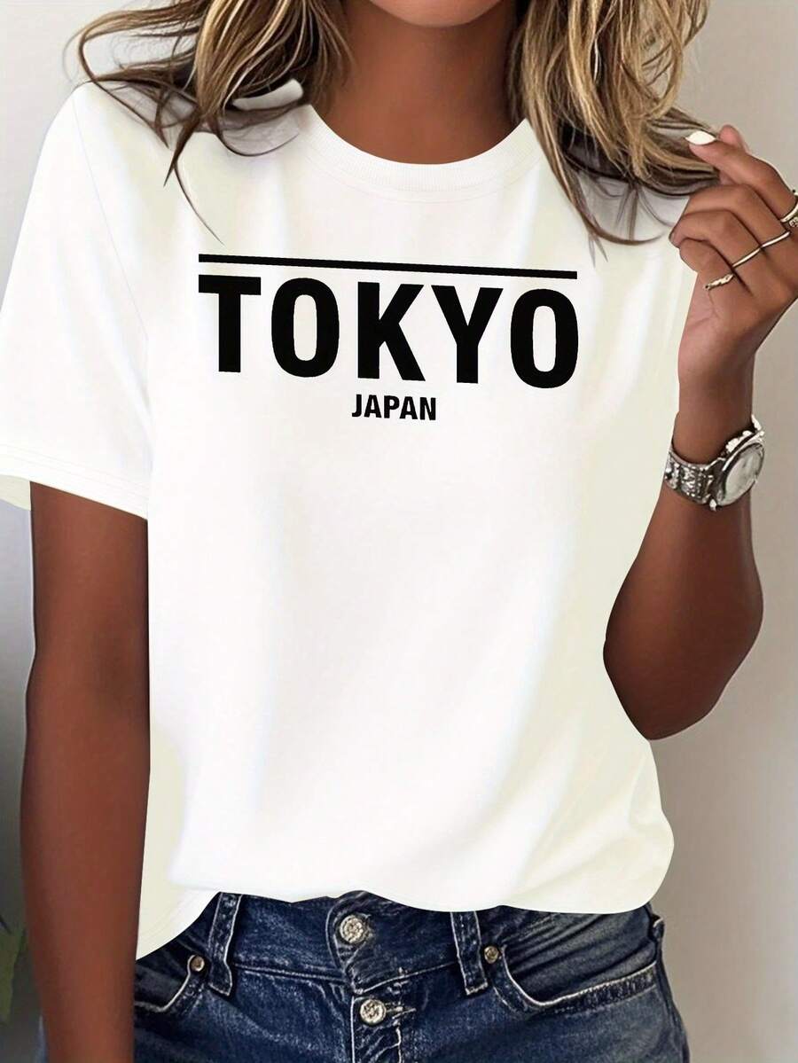 Camiseta Gráfica de Mujer Tokyo Japón - Roja y Negra con Texto Japonés - Camisa Casual Suave para Todo el Año, Lavable a Máquina, I para Vies y Looks Diarios