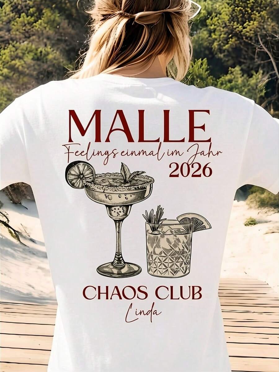 Mallorca-t-shirt med tryck på ryggen sommaren 2026, t-shirts från 2025, Mallorca-t-shirts, t-shirts med öltema, dryckes-t-shirts, grupp-t-shirts för tjejers sommarresor. Lös och bekväm för sommaren. - Vitt - Visa 1
