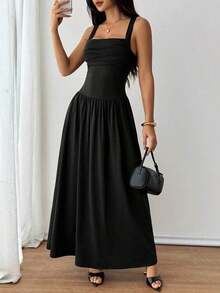 Vestido evasé de unicolor marrón café con cuello cuadrado elegante para mujer, primavera/verano - Negro - Ver 8