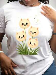 Camiseta de manga corta para mujer con estampado de gato y diente de león - Suave, elástica, de cuello redondo, informal, versátil y transpirable para primavera, verano y otoño, lavable a máquina y duradera, cómoda para el uso diario, de tela elástica, talla para adulto. - Negro - Ver 6