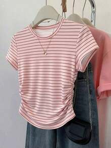 Set de 2 blusas de verano para mujer, camisetas con cintura ceñida, diseño de unicolor, burdeos y negro clásicos, de alta gama, para estudiantes, uso casual diario, adecuado para salir, ir de compras, usar en la oficina - Multicolor - Ver 3