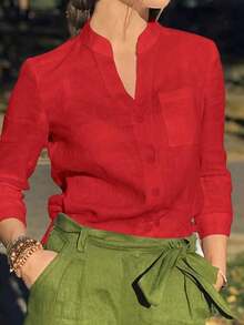 Camisa de mujer de unicolor con cuello en V y botones - Blusa casual y elegante de manga larga con detalle de bolsillo, adecuada para vacaciones, viajes y uso diario, artículo esencial para todas las temporadas de primavera - Rojo - Ver 12