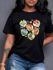 Animated Characters Inside Colorful Hearts Evoke Friendship, Adventure, And Childhood Joy, With Details Of Stars, Planets, And Bows In Vibrant Colors. Comfortable And Modern Women's T-Shirt For Everyday Wear. - 黑色 - 查看 6