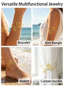 Set de 4 piezas de pulseras brazalete ajustables de metal con diseño floral minimalista de estilo de vacaciones de verano - Oro AT047 - Ver 4