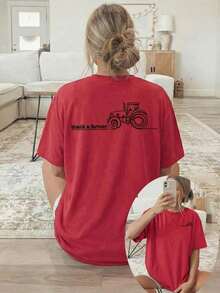 [Double-Sided Print] Women's Short-Sleeve Crew Neck T-Shirt, Casual Style, With A Tractor Graphic And The Text "Thanks To A Farmer". Machine Washable, Suitable For Casual Wear, Versatile Clothing,  T-Shirt, Comfortable Material, 100% Cotton. - 紅色 - 查看 6