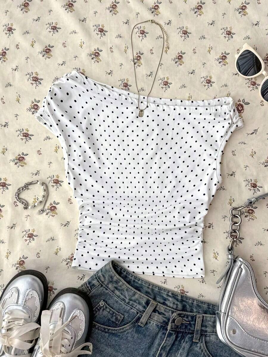 Blusa asimétrica de hombro fruncida con lunares para mujer, blanca - Multicolor 2 - Ver 1