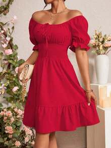 Vestido de mujer de manga corta con cuello cuadrado de unicolor, de moda para el verano - Rojo - Ver 5