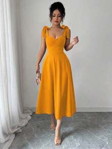 elegante y romántico para mujer con lazo decorativo en la cintura y corte evasé sin mangas - Naranja - Ver 4