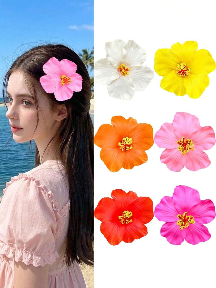 6Pcs Hawaiian Flower Hair Clips For Girl, Plumeria Hair Clips Hibiscus Hair Barrettes, 3.5 Inch Boho Artificial Flower Clips, Cute Hair Accessories For Girls Summer Vacation Beach Party - Multicolor - View 1