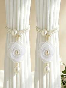 2pcs Bohemian Style 3D Floral Curtain Tiebacks, Pearl Decorated Adjustable Curtain Clips, Luxury Curtain Buckle Rings For Living Room And Bedroom - Multicolor - View 3