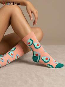 1 par de calcetines de tripulación unisex de uso diario, con patrón de contraste de melocotón y aguacate, de poliéster transpirable - Multicolor - Ver 2