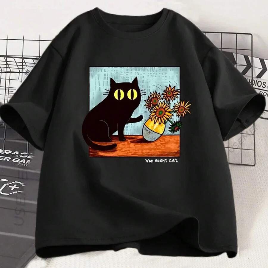 Camiseta para Mujer con Estampado de Gato Artístico, Cuello Redondo, Manga Corta, Diseño Streetwear Casual, Ideal para Verano - Negro - Ver 1