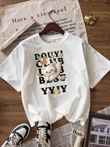 Short-Sleeve T-Shirt With Funny Cat And Youthful Calligraphy, Fashionable Short-Sleeve T-Shirt For Spring And Summer 2026, Made In Mexico, 180 Grams. Cartoon Print, Couple Design, Suitable For Indoor Or Outdoor Wear. Crew Neck, Unisex, Ideal For Office And Leisure. One-Pack. - WH-P631577SLNDXZGY397 - 查看 4
