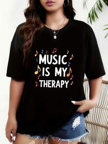 Camiseta de diseño sencillo y versátil, con estampado colorido de símbolos de terapia musical "LA MÚSICA ES MI RELAJACIÓN", camiseta negra de manga corta y cuello redondo - lavable a máquina, adecuada para primavera, verano y otoño, estilo casual, ajuste cómodo, diseño moderno, versátil para uso diario, tela suave, camiseta de algodón de estilo moderno. - Negro - Ver 2