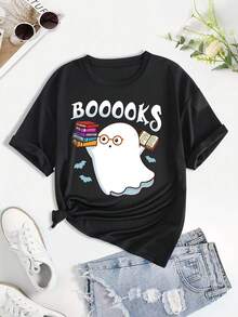 Camiseta con estampado de gafas de Halloween y fantasma lector, manga corta, cuello redondo, estilo casual para verano y primavera, ropa de mujer. - Negro - Ver 1