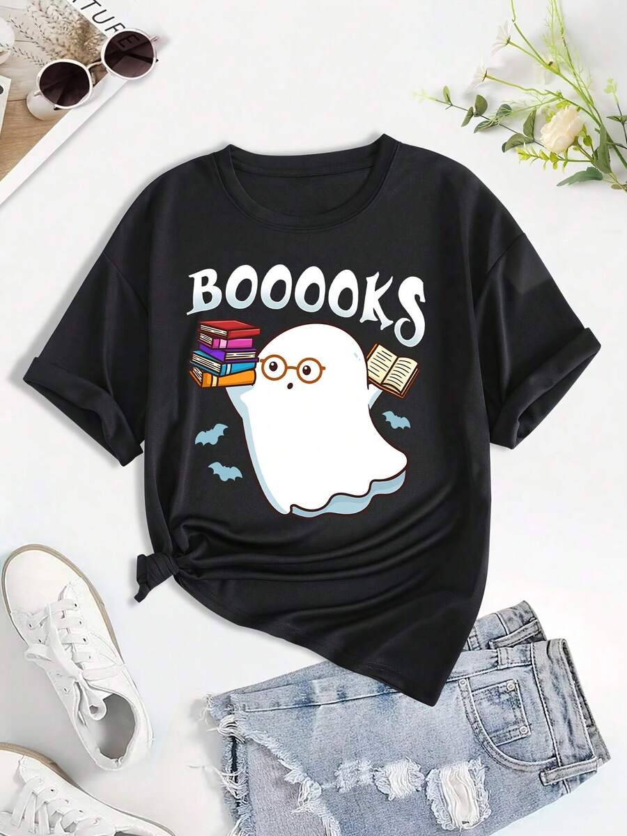 Camiseta con estampado de gafas de Halloween y fantasma lector, manga corta, cuello redondo, estilo casual para verano y primavera, ropa de mujer. - Negro - Ver 1