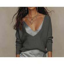 Women's Knit Sweater And Satin Slip Dress Two-Piece Set With - Gray Suit - View 4