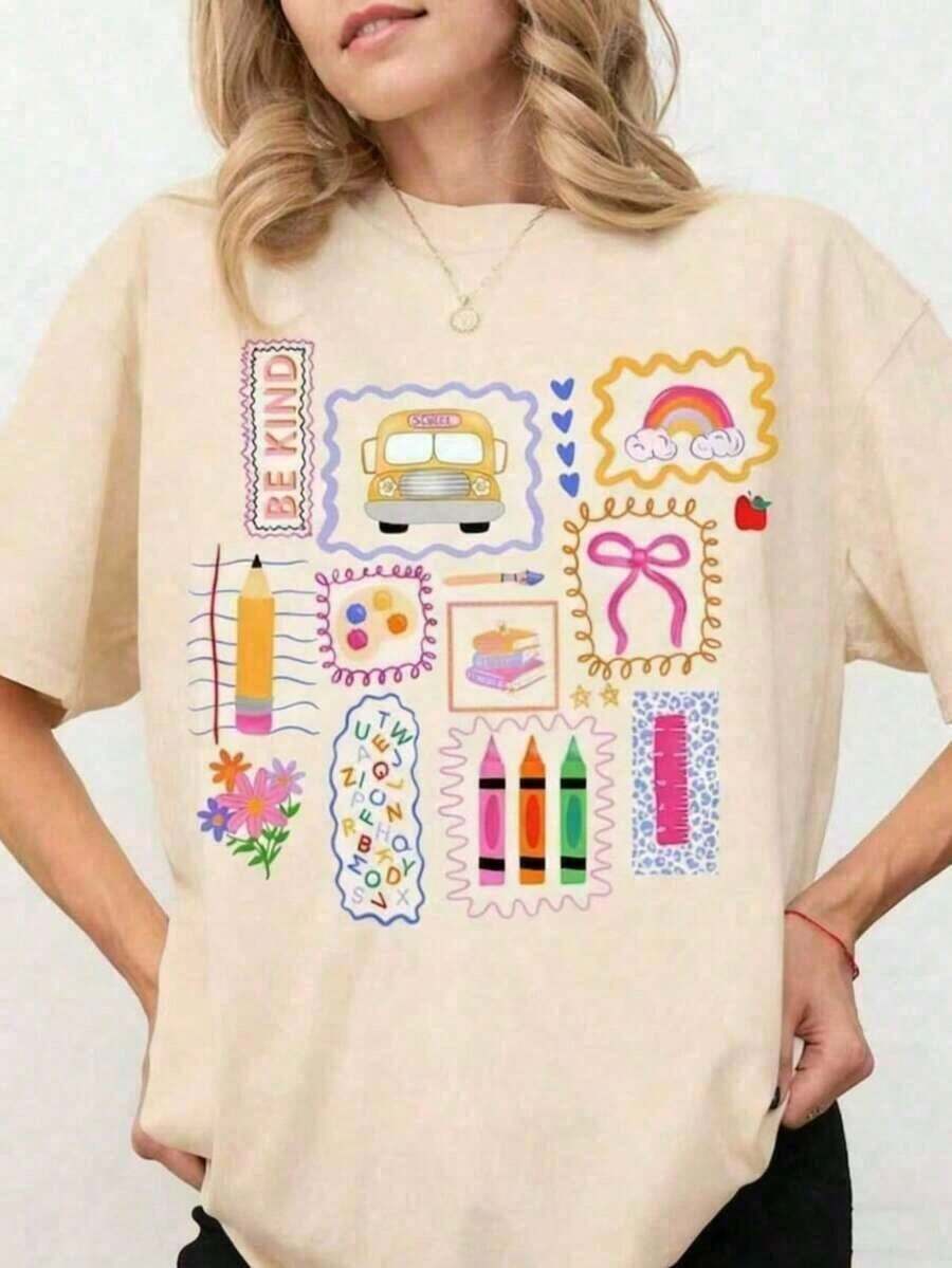 2026100% Algodón Maestro Camisa Colorido Doodle Atrás A Escuela Camisa Preppy Coqueta Escuela Camiseta Femenino Rosa Arco Tee, Maestro Regalos-Unisexo Verano Informal Vintage Algodón Impreso Camisetas Para Parejas, Verano Conjuntos de ropa Para Mujeres, Vacaciones Conjuntos de ropa Mujeres, Verano Ropa, Primavera Conjuntos de ropa Para Mujeres, Verano Tops, Festival Conjuntos de ropa, Pascua Conjunto de ropa Camiseta de mujer - Albaricoque - Ver 1