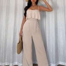 Raffinéa Women's Fashion Versatile Ruffle Spaghetti Strap Jumpsuit With Crinkle Textured Fabric, Fitted Waist & Straight Leg - Caqui - Ver 7