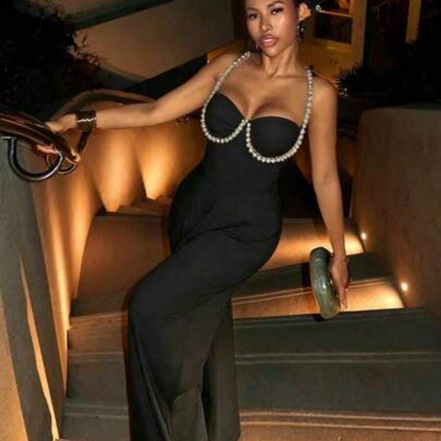 Slayr Spring/Summer Elegant Sexy Vacation Pearl Chain Decor Camisole Jumpsuit, Suitable For Wedding, Party - Negro - Ver 1