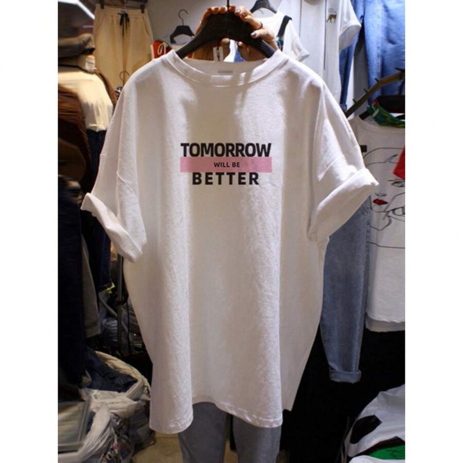 Camiseta de manga corta de longitud media para mujer de talla grande, nueva colección de verano 2025, estilo coreano moderno con estampado de letras, de algodón puro, casual y versátil. - Negro - Ver 1