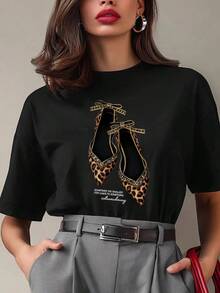 Camiseta estampada con estampado de leopardo retro americano para mujer, holgada y estilizadora, de manga corta y 100% algodón puro. - Negro - Ver 9