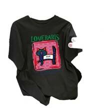 Camiseta de manga corta de algodón puro, estilo europeo, de gran tamaño, nueva colección primavera/verano 2024, con diseño de dibujos animados para mujer, holgada y versátil, de longitud media-larga, adecuada para usar como prenda exterior. - Blanco - Ver 6