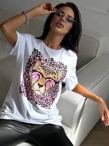 Camiseta de manga corta holgada 100% algodón con estampado de leopardo estilo BF, a la moda y con personalidad, estilo europeo y americano, para mujer, Verano 2026. - Negro - Ver 1