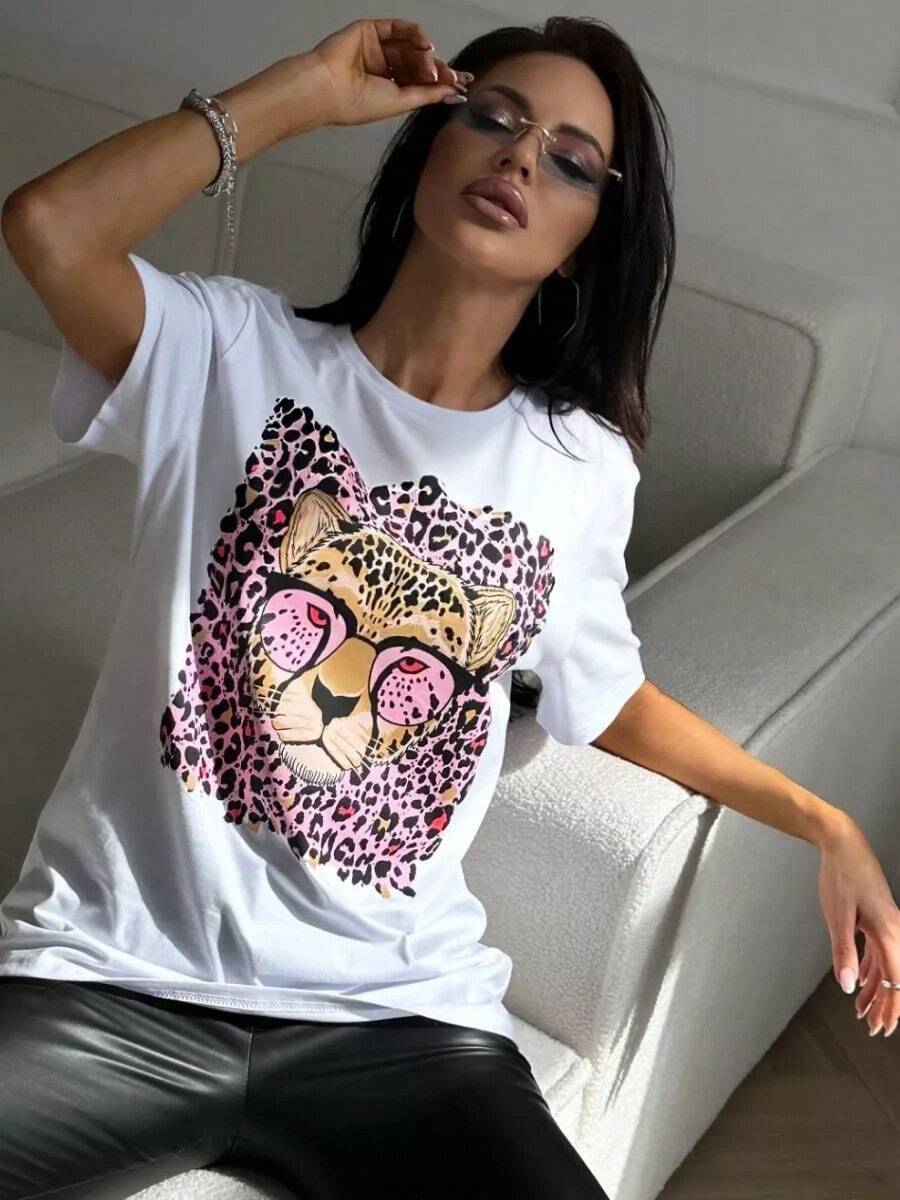 Camiseta de manga corta holgada 100% algodón con estampado de leopardo estilo BF, a la moda y con personalidad, estilo europeo y americano, para mujer, Verano 2026. - Negro - Ver 1