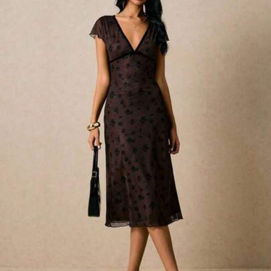 Women's Contrast Trim Cap Sleeve Fitted Midi Dress, Elegant Summer - Marrón - Ver 1
