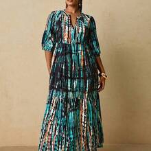 Plus Size Women's Pink & Green Tropical Plant Print Maxi Dress, V-Neck Tie Bow Long Sleeve Loose Casual Dress, Early Autumn Boho Dress Women Summer Dresses For Women With Sleeves Resort Dresses For Women Floral Print Dress French Dresses For Women Autumn Dress Going Out Dress Fall Clothes Fall Clothes Plus Size Autumn Clothes Wedding Guest Dress Elegant  Old Money Beach Outfits For Woman Resort Wear Women Ibiza Outfit - Multicolor - Ver 9