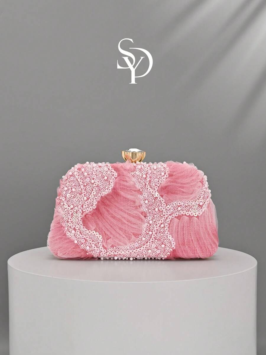 1pc Pink Sheer Sequin Evening Clutch, Gold Frame Formal Handbag Suitable For Wedding And Party (Random Cut) - Pink - View 1