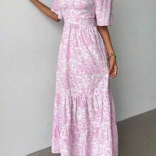 Summer Short Sleeve Vacation Beach Music Festival Pink Floral Dress - Rosa Oxidada - Ver 5
