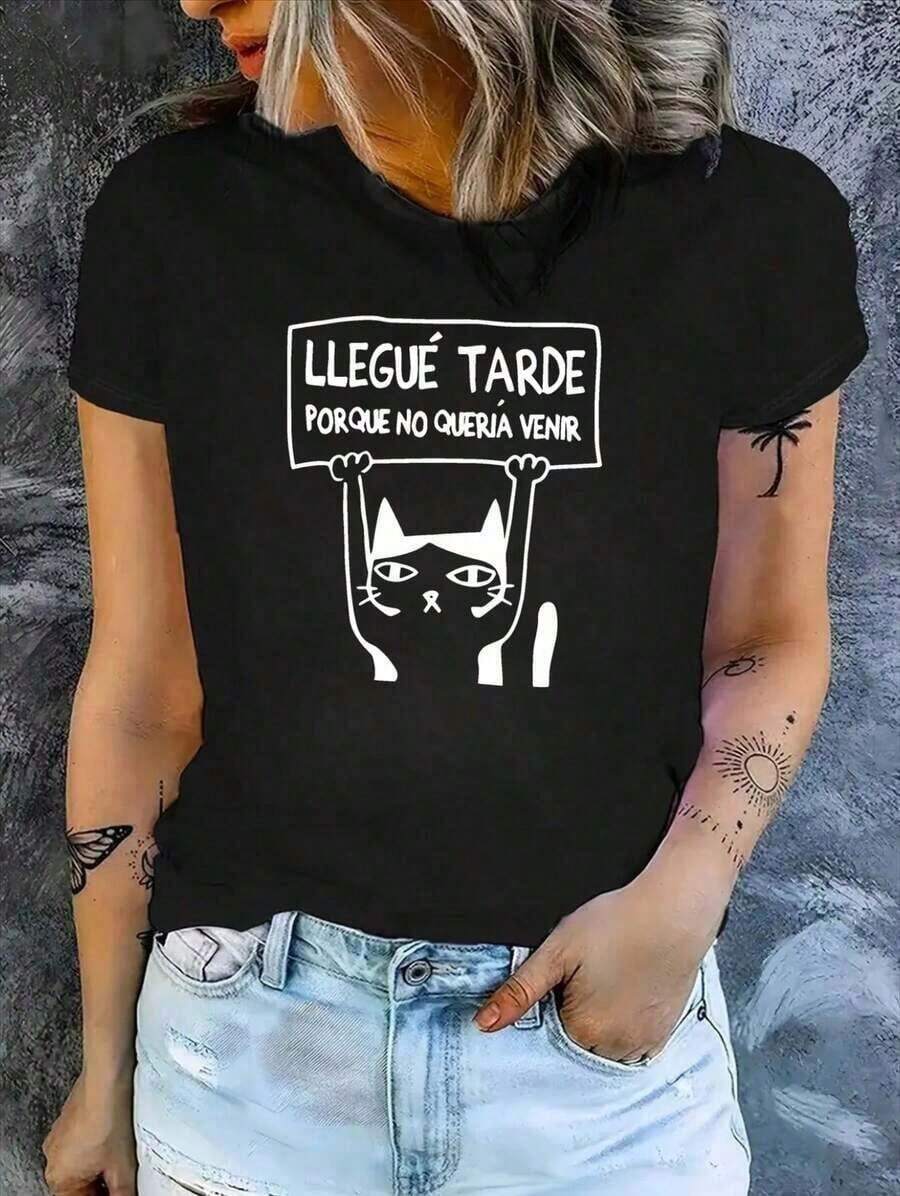 100% cotton Playera estampada de letras y gatos, manga corta y cuello redondo, top casual para verano y primavera, ropa de mujer - Negro - Ver 1