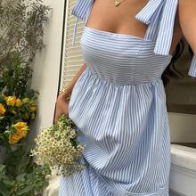 SunnyBelle Blue Striped Square Neck High Waist Sleeveless Backless Spaghetti Strap Drawstring Maxi Dress, Sexy & Vacation Style, Spring/Summer - Multicolor - Ver 4