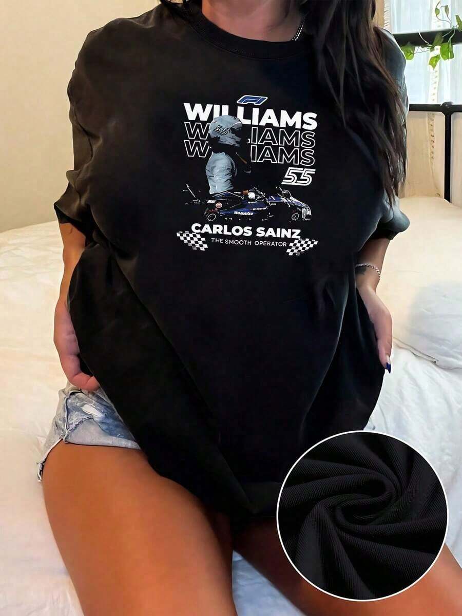 Image Of Driver Carlos Sainz With A Williams Car Highlighting The Passion For Speed, Determination And Competitive Spirit. Women's T-Shirts, 220g, Soft, Comfortable, Ideal For Motorsport Fans. - 黑色 - 查看 1
