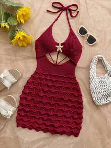 Vestido ajustado con escote en V, tirantes finos, calado y decoración de estrella de mar metálica.Ideal para vacaciones, citas, té de la tarde, festivales de música, estilo bohemio, vacaciones en la playa, verano con tirantes finos y atar en la espalda. - Burdeos - Ver 1
