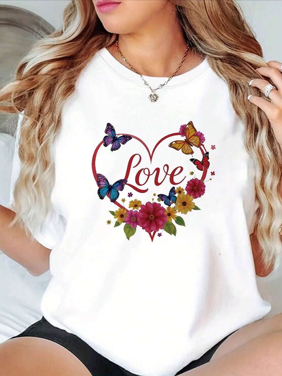 Plus Size - Plus Size - Colorful Flowers And Patterns, A Heart-Shaped Design With 'Love' Print On A Stylish And Casual Crew Neck T-Shirt For Plus Size Women For Spring And Summer, Perfect For Everyday Wear, Shopping And Meetings - 白色 - 查看 1