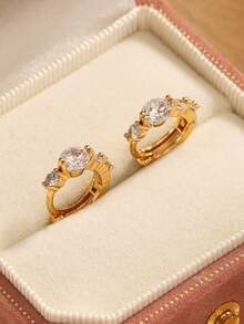 Bộ 2 đôi bông tai tròn mạ vàng 18K đính đá Cubic Zirconia thanh lịch, đa năng, phù hợp cho phái nữ đeo hàng ngày khi đi làm và hẹn hò. - 2 chiếc vàng - Xem 9