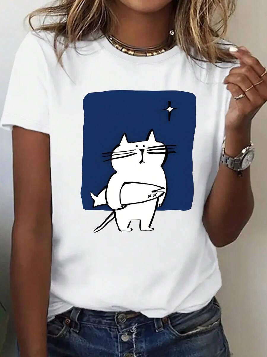 Camiseta Oversize de Talla Grande para Mujer Inspir en Anime - Diseño Gracioso con Gato Chibi y Atún, Rojo Intenso letras Azul Marino, Cuello Redondo Cómoda Abrigado I Para el Frío del Invierno, Ropa Casual Confortable  Lavable a Maquina, Estilo Relado Perfecto otoño e invierno Moda Femenil Moderna, Camisetas para Mujeres de Talla Grande,Blusas para Mujeres Talla Grande