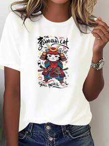 Camiseta de Manga Cortara Fanáticas del Anime - Estilo Samurai Japonés con Diseño Geométrico y Texto Kanji en Rojo Vibrante, Cuello Redondo Casual 100%, I para Convenciones e Eventos Temáticos. Ropa Cómoda Todas las Tempors al e - Blanco - Ver 2