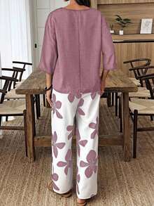 Conjunto de camisa de unicolor y pantalones con estampado floral para vacaciones - Multicolor 7 - Ver 2